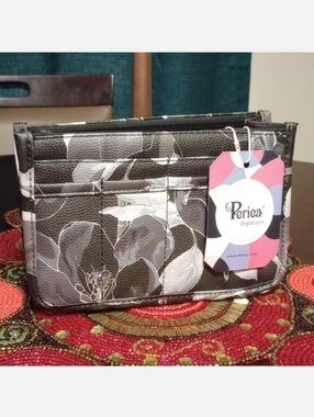 Purse Organizer Insert Faux Leather-Black Floral